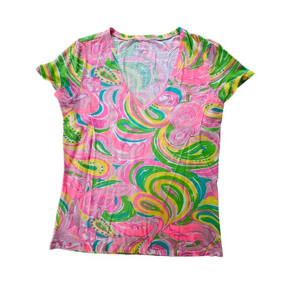 LILLY PULITZER Cotton Blend V Neck T Shirt Top PINK FLAMINGO Size Large Preppy - Picture 1 of 6